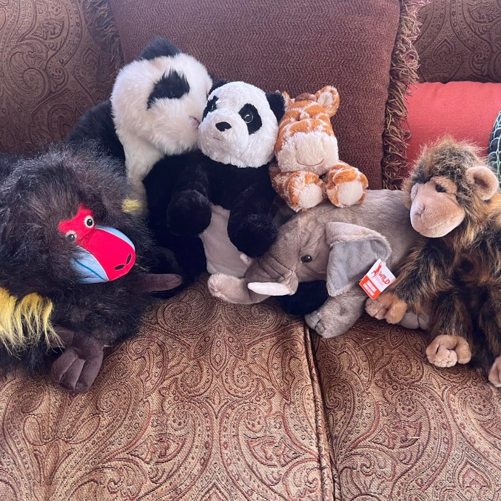 7 stuffed animals baboon alligator 2 panda giraffe elephant monkey